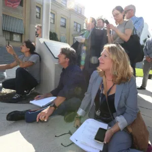 Investigative reporter Julie K. Brown attends a press conference outside of the West Palm Beach Courthouse December 4, 2018 following the civil settlement against Jeffrey Epstein in Palm Beach County Court. The settlement came a month after Brown's investigative series. Credit: Emily Michot.
