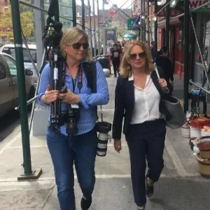 Julie K. Brown with photographer Emily Michot on a September 2019 reporting trip to New York City, to hear a Federal judge rule on Alan Dershowitz’s motion to dismiss a survivor’s defamation case against him. Credit: Brittany Peterson