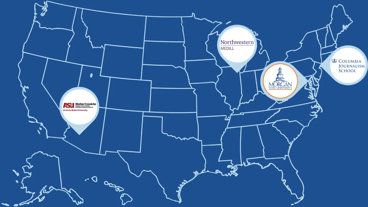 Map of the United States with pins marking the locations of Columbia Journalism School, Northwestern Medill, Arizona State's Walter Cronkite School of Journalism, and Morgan State's School of Journalism and Communication. 