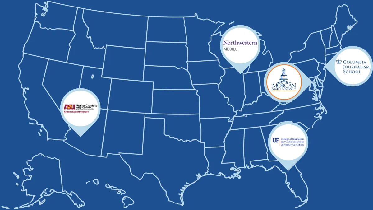 Map of the United States with pins marking the locations of Columbia Journalism School, Northwestern Medill, Arizona State's Walter Cronkite School of Journalism, Morgan State's School of Journalism and Communication and University of Florida College of Journalism and Communications. 