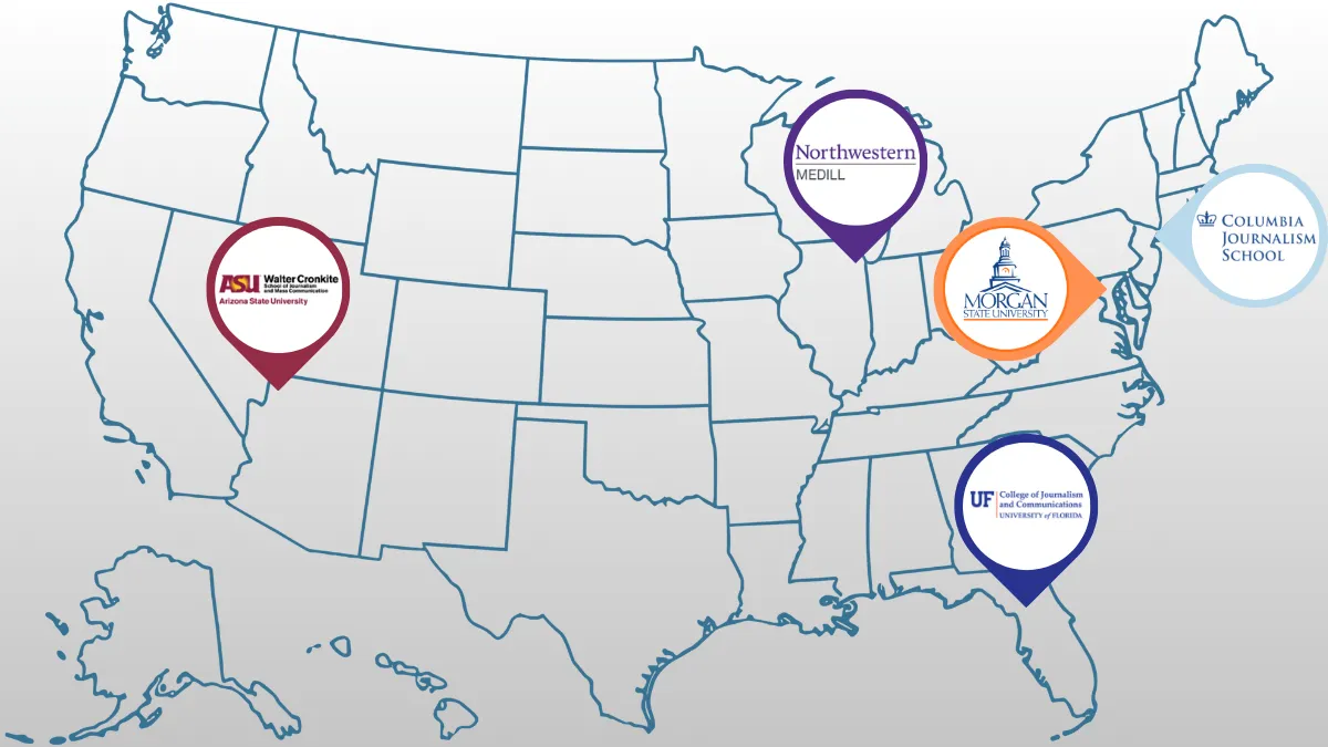 Map of the United States with pins marking the locations of Columbia Journalism School, Northwestern Medill, Arizona State's Walter Cronkite School of Journalism, Morgan State's School of Journalism and Communication and University of Florida College of Journalism and Communications.