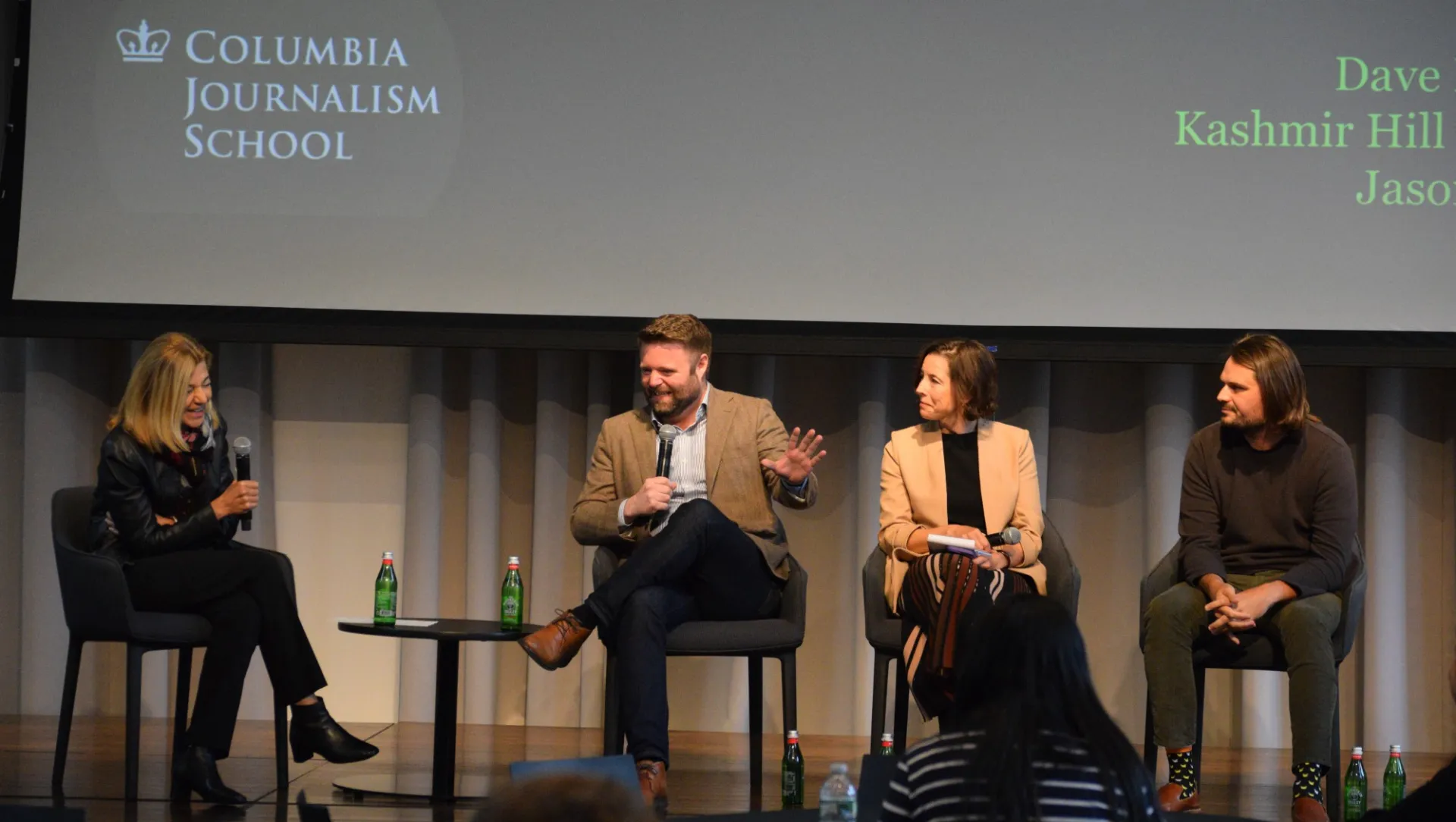 Margaret Sullivan moderates a panel of AI experts in journalism during the "AI in the Newsroom" conference, hosted by the Tow Center for Digital Journalism and the Craig Newmark Center for Journalism Ethics and Security. 