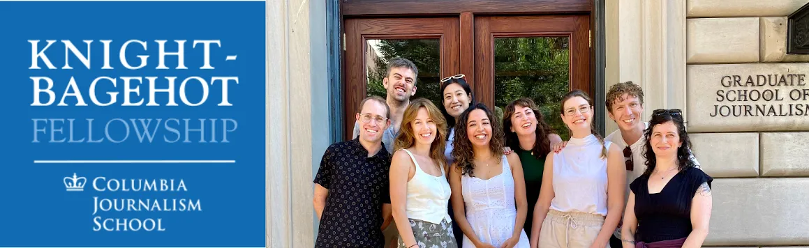 Group photo of the 2025 Knight-Bagehot Fellows outside Pulitzer Hall. 