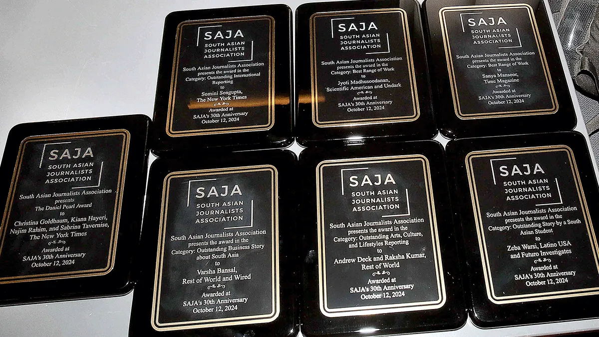 Several Columbia Journalism School alumni won awards at this year's SAJA Award Ceremony: Andrew Deck of Nieman Journalism Lab; Varsha Bansal, 2025 Knight-Bagehot Fellow; Raksha Kumar, '11 M.S., of Rest of World, Karen Zraick, '08 M.S., of The New York Times; Zeba Warsi, '22 M.A. Politics of PBS Newshour; Sanya Mansoor, '18 M.S., of TIME.