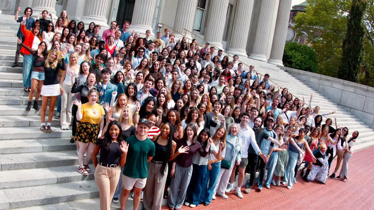 A class photo taken from above. 