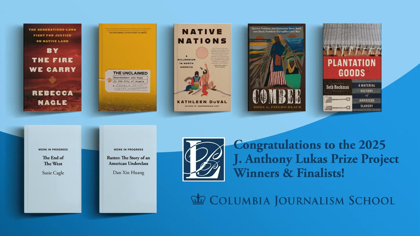 Graphic with the book covers for each of the 2025 Lukas Prize winners and finalists. 