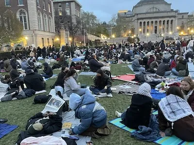 Columbia students gathered in a campus protest encampment. 