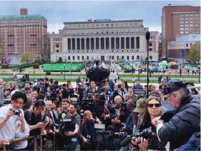 House Speaker Mike Johnson spoke before a horde of reporters and students on the steps of the Low Library at Columbia University. Photo by Francesca Maria Lorenzini