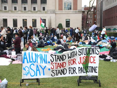 Photo of campus protest for article by Hyperallergic. 