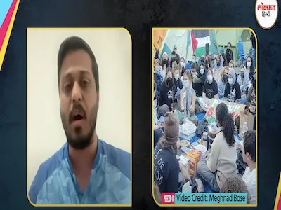 Photo from Lokmat Hindi News report, student interviewed while video of campus protest plays. 