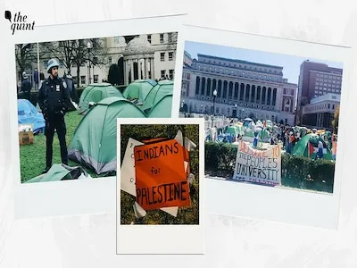 Three photos of Columbia's campus during student protests set up in collage format. 