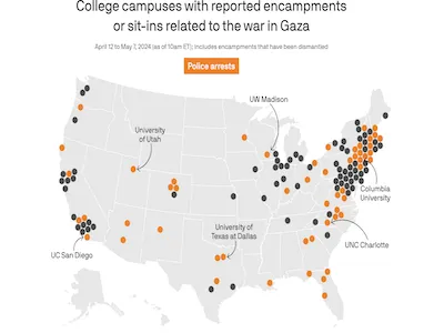 Map of the United States with data points showing where pro-Palestinian student protesters have been arrested. 