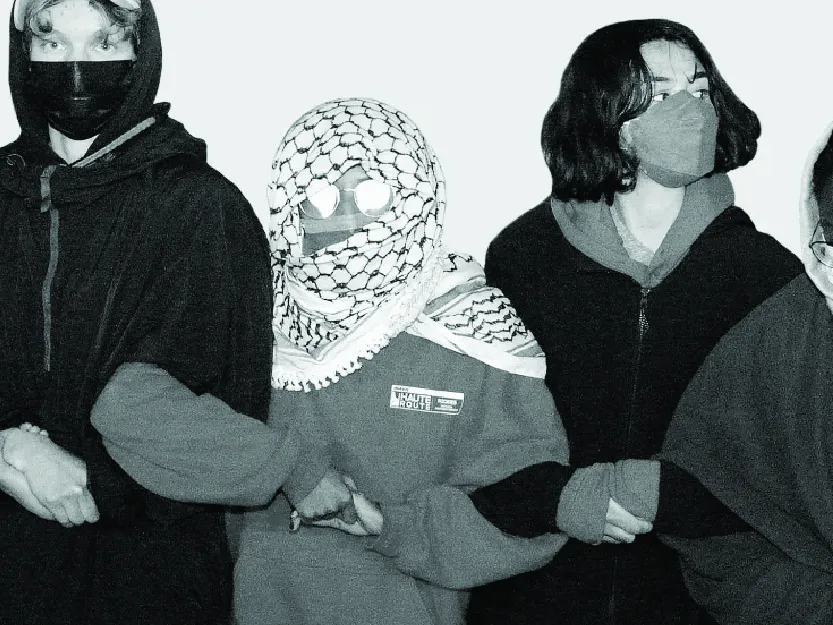 Black and white photo of student protesters at Columbia. 