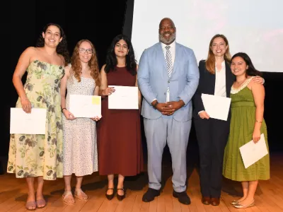2026 Pulitzer Traveling Fellows from left to right: Alice Diamond Harrison, ’26 M.S., Annika McGinnis, ’25 M.S. Data Journalism, Mashael Shah, ‘26 M.A. Arts & Culture, Dean Jelani Cobb, Katherine Weyback, ‘26 M.S., Mia Reiko Anzalone, ‘26 M.S.