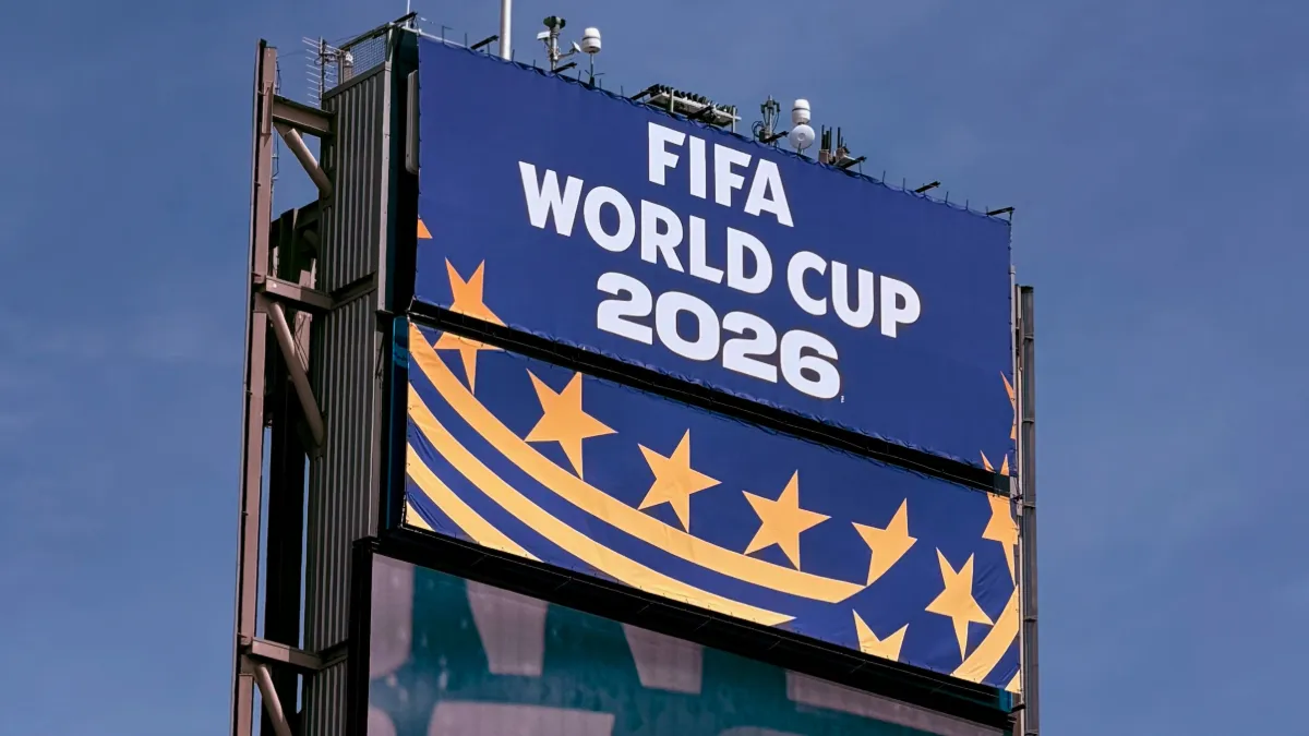 An electronic billboard that reads "FIFA World Cup 2026."