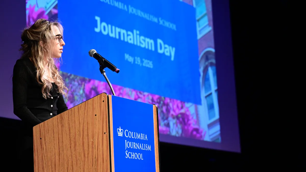 Washington Post narrative enterprise reporter Hannah Natanson addresses the Class of 2026 during the annual Pringle Lecturer. 