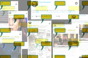 Collage of overlapping X posts partly obscured by yellow and green overlays.