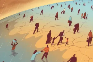 Illustration of people walking across a cracked turquoise-and-ochre landscape with long contrasting shadows.