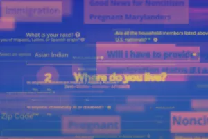 Blurred collage of questionnaire screens with colorful text fields.