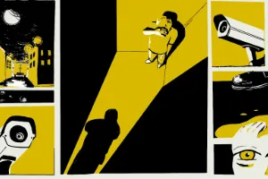 High-contrast black, yellow, white, and cream collage with a central yellow spotlight containing two human-like silhouettes, surrounded by abstract mechanical and geometric side panels.