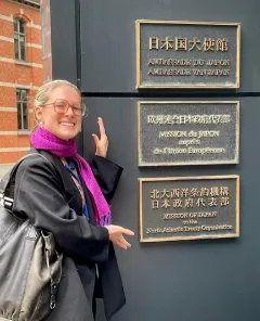 Sabine Zednik-Hammonds, ’27 M.S., outside the Japanese diplomatic mission where she previously worked.