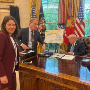 Jeffrey Goldberg and Ashley Parker during the Oval Office interview with President Donald Trump in April 2025. Photography by Michael Scherer.