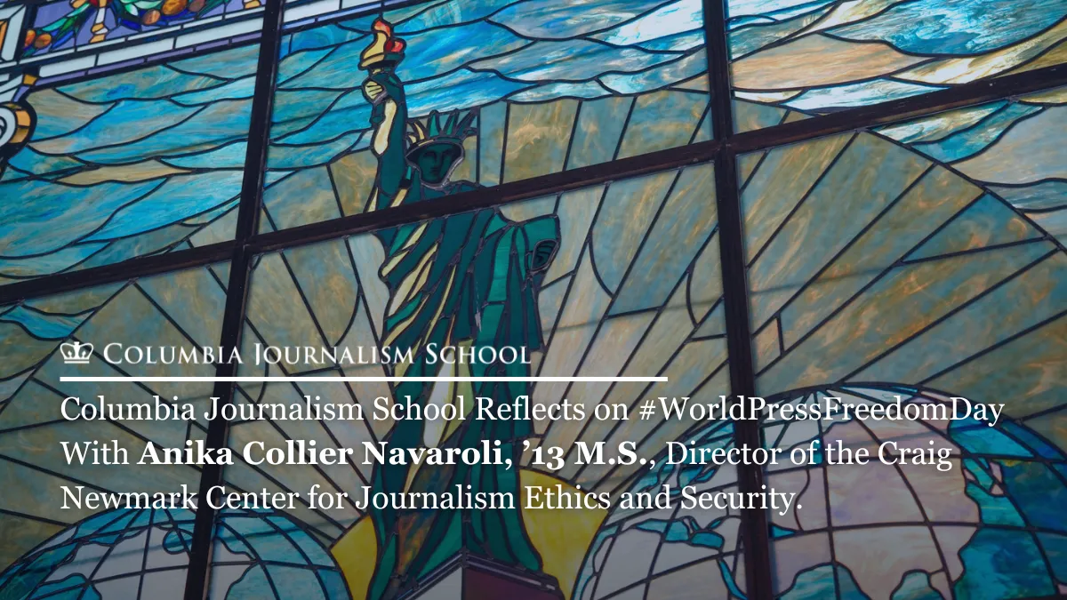 Stained glass window of the Statue of Liberty with text overlay about Columbia Journalism School and World Press Freedom Day.