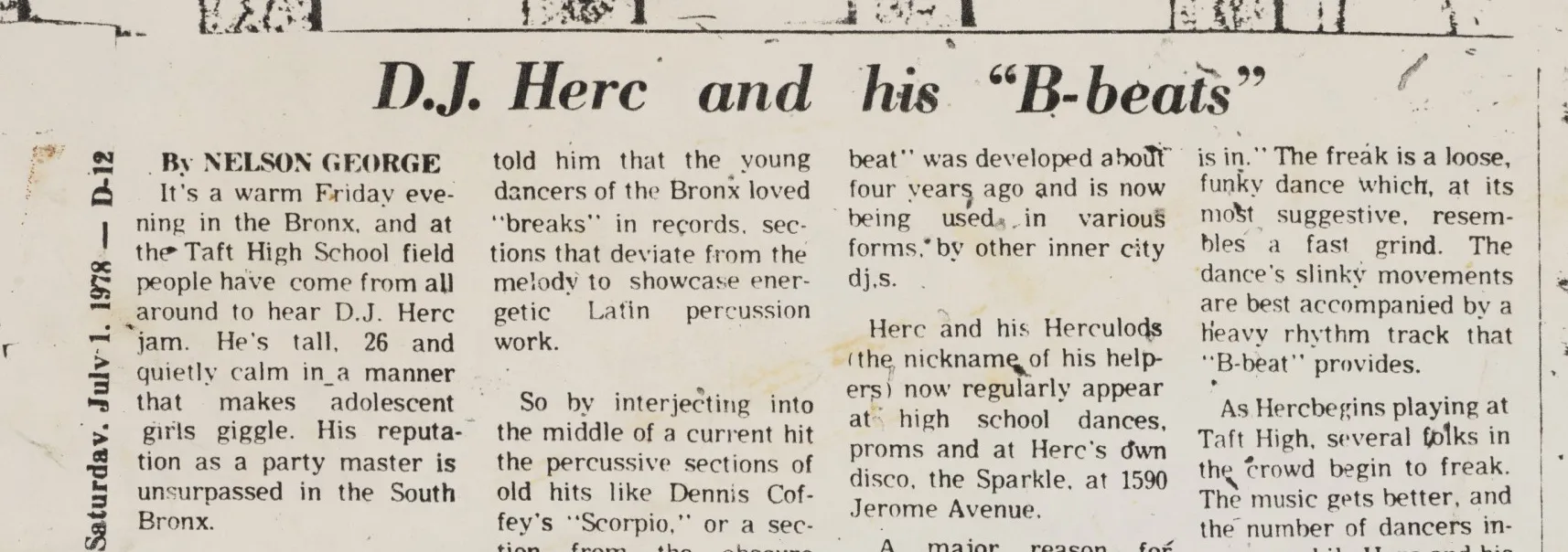 Article about DJ Kool Herc as seen in the Amsterdamn News in 1978 — one of the first pieces of hip hop journalism seen in print.