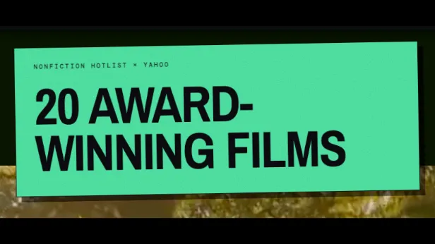 Green box with black text that reads "Nonfiction hotlist x Yahoo. 20 Award-Winning Films"