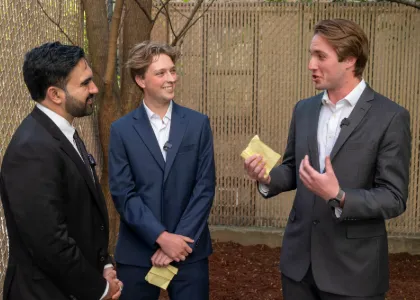 New York City Mayor Zohran Mamdani (left) being interviewed by City Newsroom students Oliver Hall, '26 M.S. (middle) and Zach Jaworski, '26 M.S. Stabile. (right).