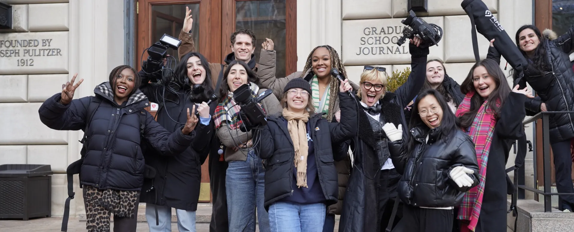 Students outside Pulitzer Hall. 