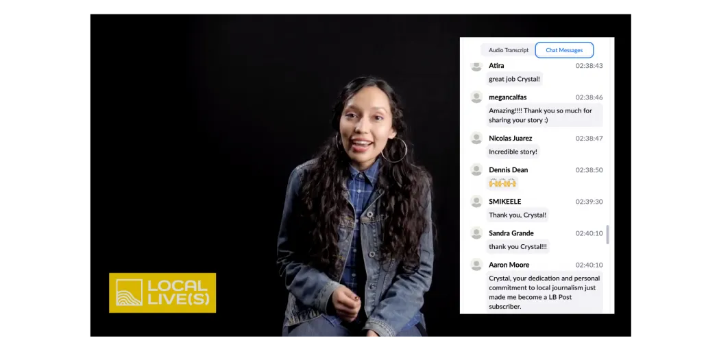 A screenshot of a digital audience cheering through emojis for journalist Crystal Niebla at Local Live(s): Long Beach Post.